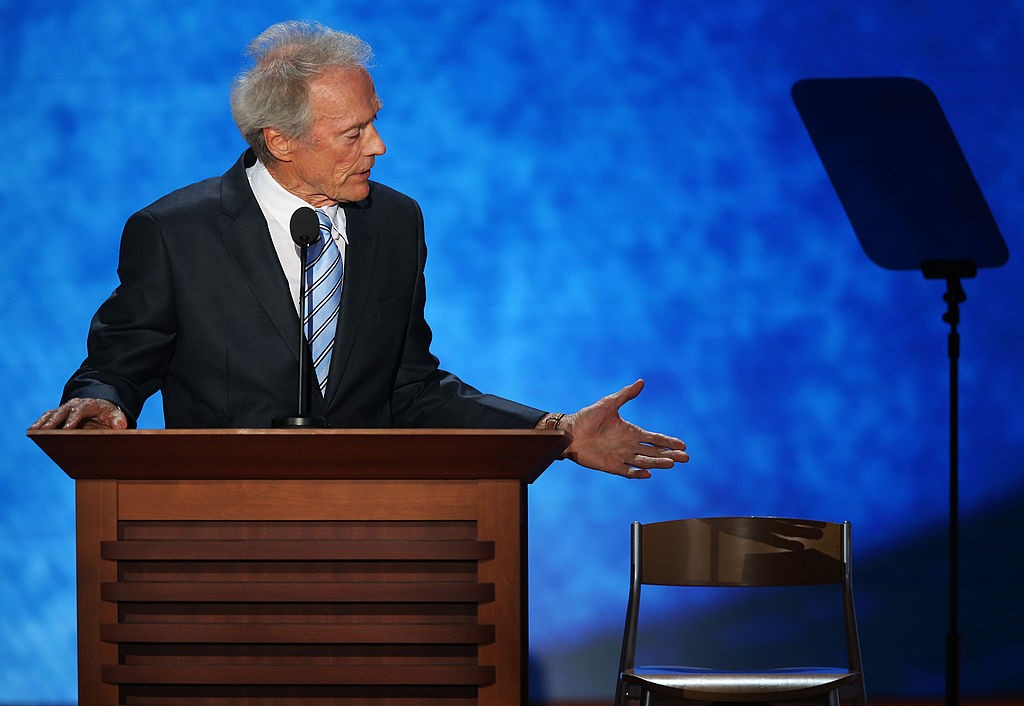 TAMPA, FL - AUGUST 30:  Actor Clint Eastwood speaks during the final day of the Republican National Convention at the Tampa Bay Times Forum on August 30, 2012 in Tampa, Florida. Former Massachusetts Gov. Mitt Romney was nominated as the Republican presidential candidate during the RNC which will conclude today.  (Photo by Mark Wilson/Getty Images)