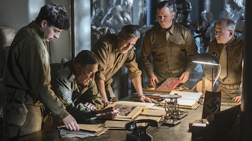 (l to r) Dimitri Leonidas, John Goodman, George Clooney, Matt Damon and Bob Balaban in Columbia Pictures' thriller THE MONUMENTS MEN.