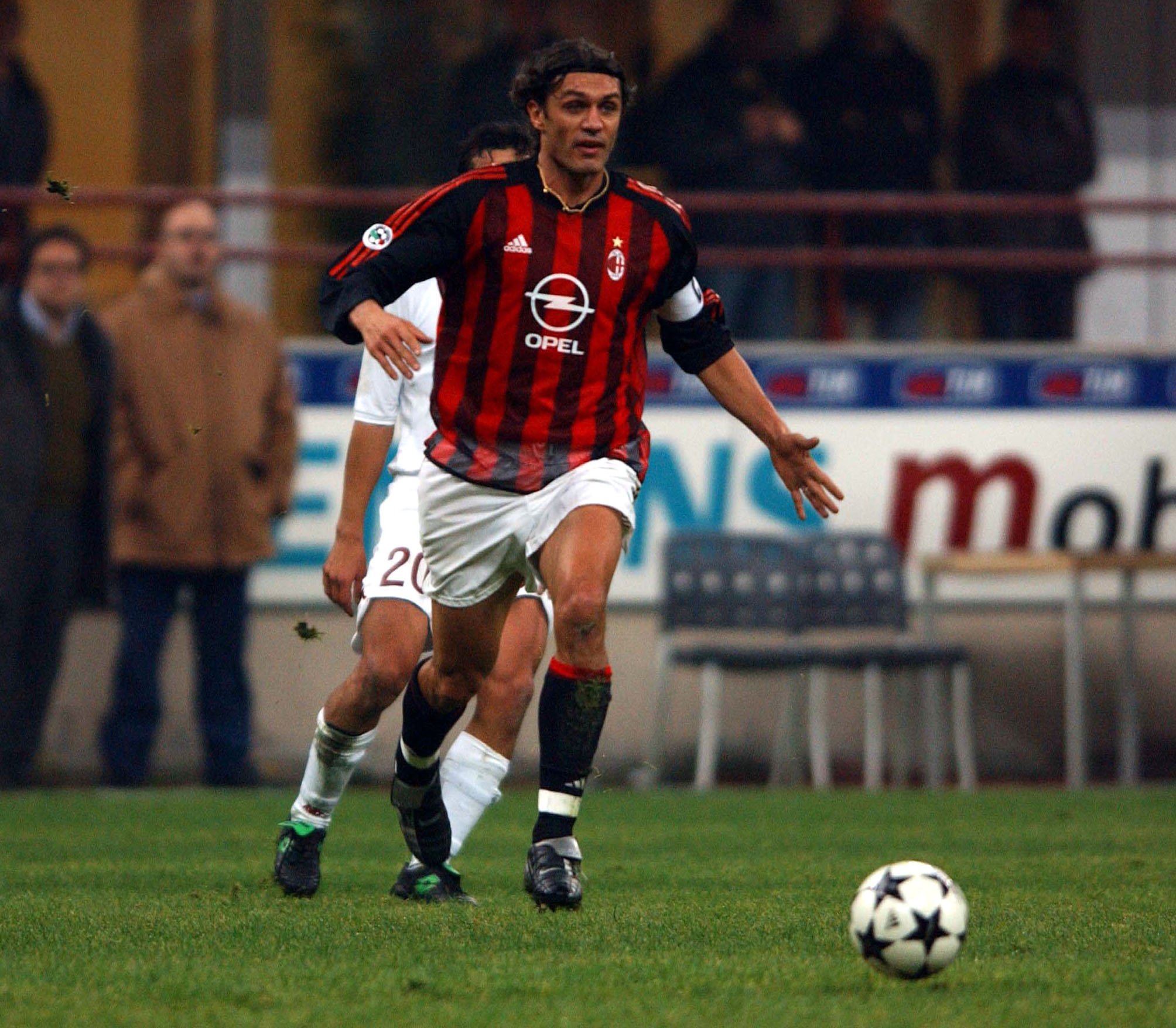 MILAN - DECEMBER 7: Paolo Maldini of AC Milan in action during the Serie A match between AC Milan and Roma, played at the 'Giuseppe Meazza' San Siro Stadium, Milan, Italy on December 7, 2002. (Photo by Grazia Neri/Getty Images)