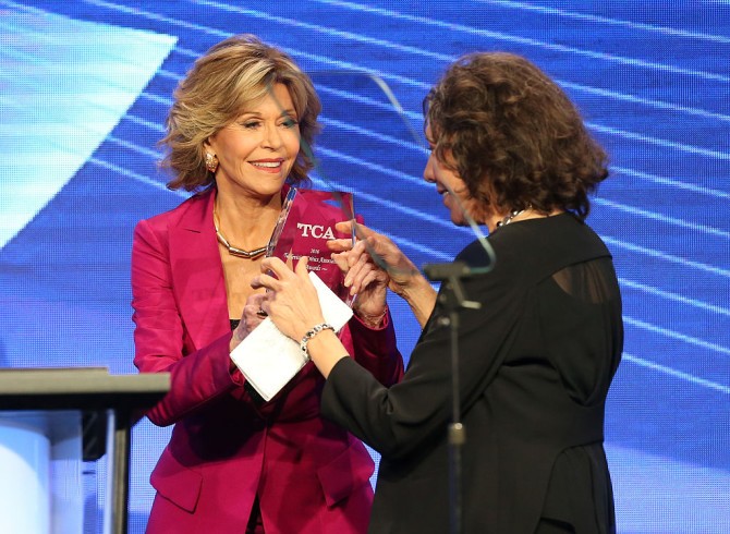 BEVERLY HILLS, CA - AUGUST 06: Actress Jane Fonda (L) presents the 'Career Achievement Award' to actress Lily Tomlin (R) onstage at the 32nd annual Television Critics Association Awards during the 2016 Television Critics Association Summer Tour at The Beverly Hilton Hotel on August 6, 2016 in Beverly Hills, California. (Photo by Frederick M. Brown/Getty Images)