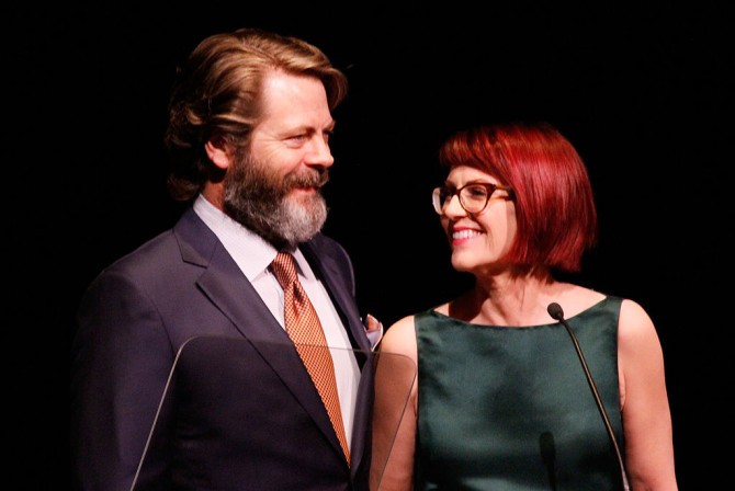 NEW YORK, NY - MAY 04: Actor Nick Offerman and actress Megan Mullally host onstage at the 29th Annual Lucille Lortel Awards at NYU Skirball Center on May 4, 2014 in New York City. (Photo by Janette Pellegrini/Getty Images for The Lucille Lortel Awards)